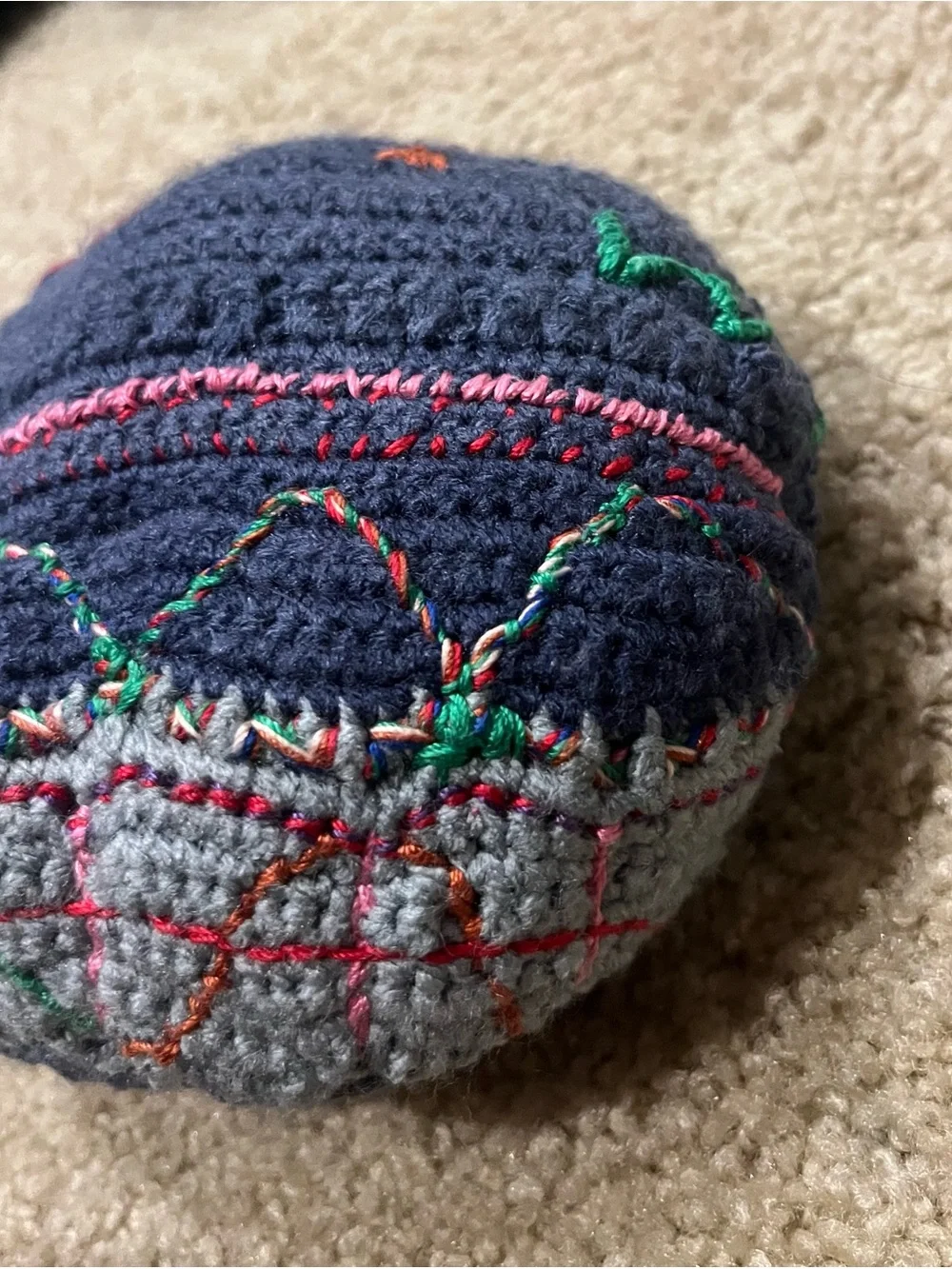 Handmade Crocheted Round Decorative Pillow – Embroidered Folk-Art Design
